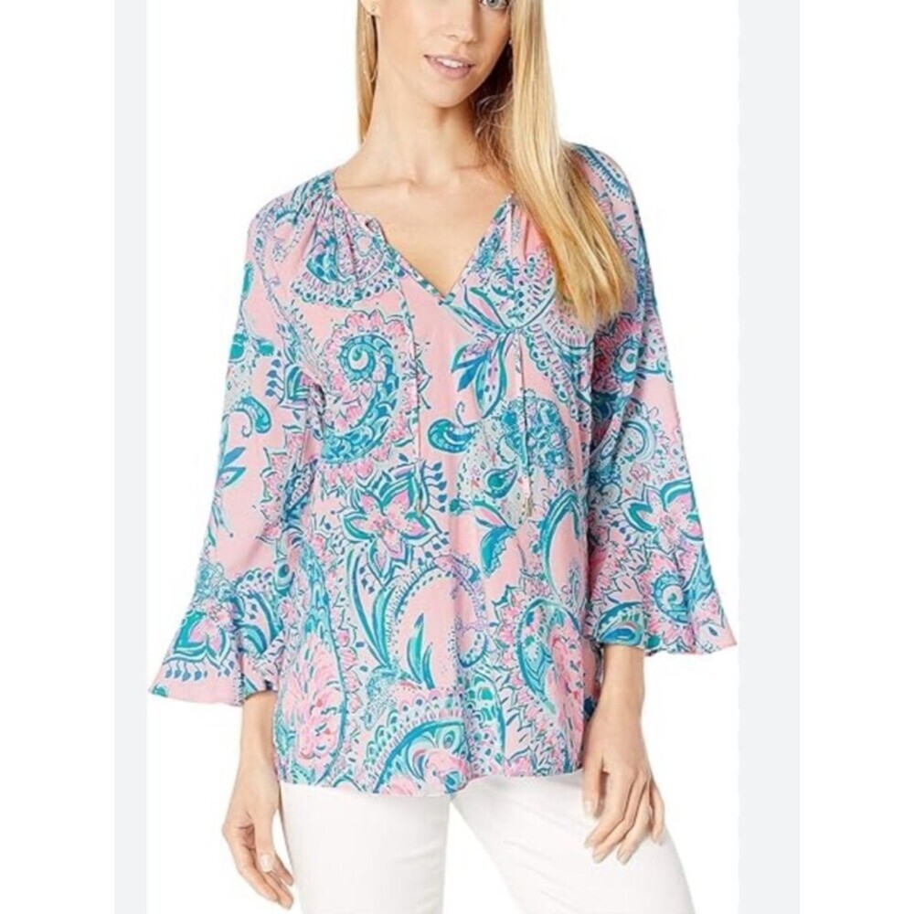 Lilly Pulitzer Willa Flounce Sleeve Blouse Ties Sz M Pink